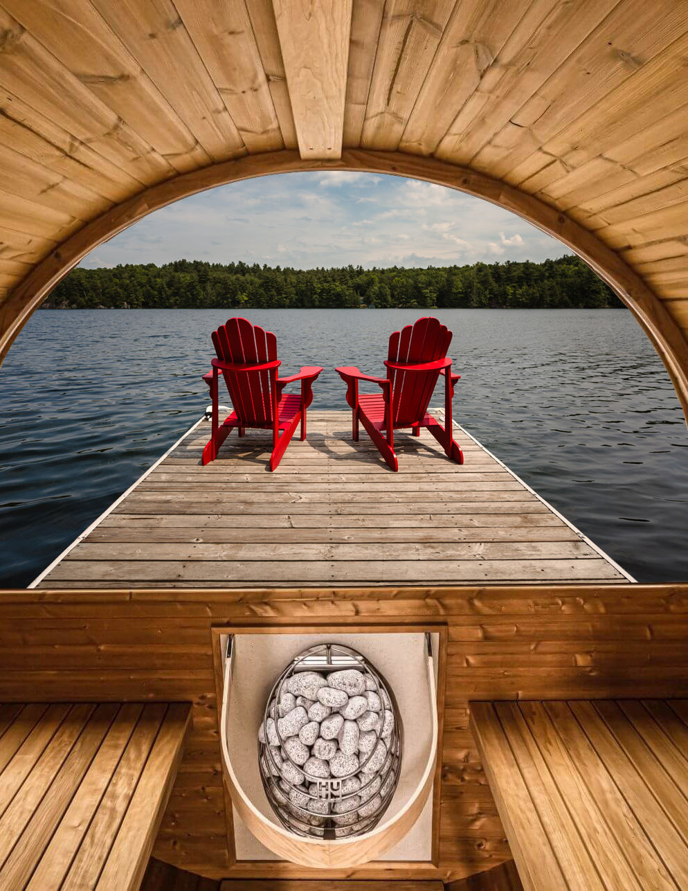 Barrel sauna in backyard
